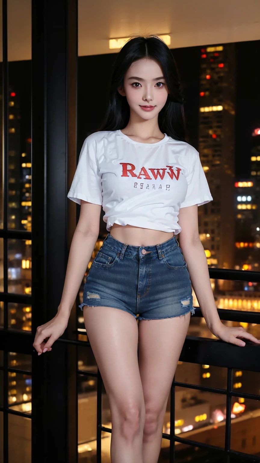 ((RAW photograph, Realistic photo, Best quality, 8K, Masterpiece: 1.3)), (raw photo:1.2), Hyperrealist portrait gorgeous Beautiful Chinese girl, young girl, 16 years old, pretty body, (beautiful breasts: 1.2), very detailed eyes and face, (lustfully naughty face, natural lip, natural makeup: 1.3, blushing, pn1), beautiful detailed eyes, seductive sharp eyes, (charming smile: 1.2), smooth white skin, photo realistic, very detailed faces, ((chiffon t-shirt, black denim tight shorts)), (long legs: 1.2, beautiful long nails), loose curls hairstyle, ((Cinematic standing pose)), (midnight modern balcony background)