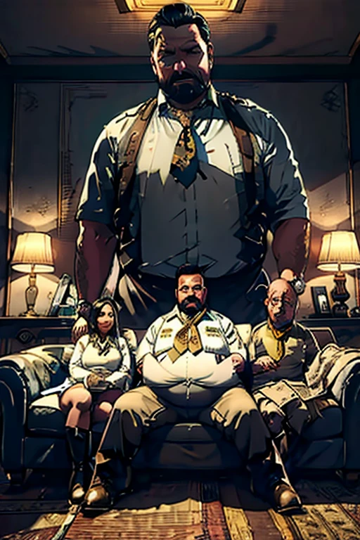 close up 1man in(handsome mature man plump chubby morbid extremely thick thighs bulging belly fat), older man, gray hair, white man, ( wearing,boots,stubble,police chief,bage,beard,old man,indoors,necktie,sitting,spread legs,), bulge, detailed glade on clothing, (fat and corpulent: 1.3), full beard very long, looking at the viewer, handsome man, detailed eyes, symmetrical face, mischievous smile, robust, mustache, longer hair, his body is lying sideways on the floor, front view.), (crossing arms: 1.22), (detailed living room background:1.1), on a couch, chilling, 4k textures, soft light, elegant, highly detailed, sharp focus, soothing tones, insane details, intricate details, hyperdetailed, low contrast, exposure blend, hdr, faded、Expressões faciais detalhadas、(Obra de arte),mais alta qualidade,excelente anatomia、、atmosfera escura geral