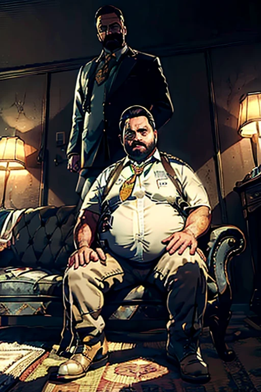 close up 1man in(handsome mature man plump chubby morbid extremely thick thighs bulging belly fat), older man, gray hair, white man, ( wearing,boots,stubble,police chief,bage,beard,old man,indoors,necktie,sitting,spread legs,), bulge, detailed glade on clothing, (fat and corpulent: 1.3), full beard very long, looking at the viewer, handsome man, detailed eyes, symmetrical face, mischievous smile, robust, mustache, longer hair, his body is lying sideways on the floor, front view.), (crossing arms: 1.22), (detailed living room background:1.1), on a couch, chilling, 4k textures, soft light, elegant, highly detailed, sharp focus, soothing tones, insane details, intricate details, hyperdetailed, low contrast, exposure blend, hdr, faded、Expressões faciais detalhadas、(Obra de arte),mais alta qualidade,excelente anatomia、、atmosfera escura geral