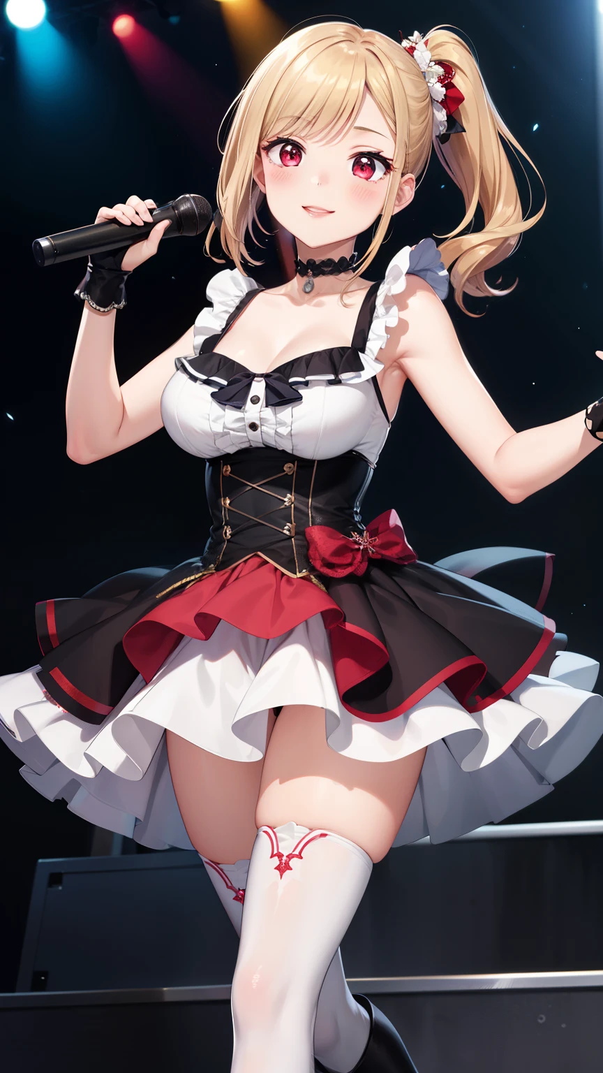 masterpiece, ultra-detailed, illustration, game cg, best quality, highres, kitagawa marin, 1girl, short fluffy blonde hair, side ponytail, swept bangs, gradient hair, red eyes, glossy lips, light smile, blush, large breasts, sleeveless idol dress, very puffy skirt, flared skirt, thigh highs, heeled boots, collarbone, choker, stage, crowd, audience