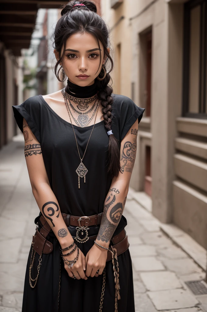 mexican woman. lip piercing. dark brown hair. two braids. Dark clothes. Tattoos covering the arms and neck.