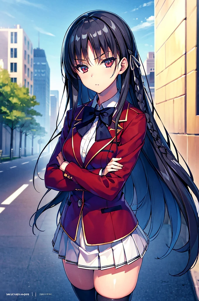 (masterpiece, best quality:1.4), (ultra detailed:1.4), (detailed beautiful face and eyes:1.4), perfect anatomy, (official art:0.7),
1girl,
Suzune Horikita,
Suzune Horikita \(youjitsu\),
long hair, braid,
black hair,
red eyes, slant eyes, small eyes,
blue bow,
medium breasts,
red jacket, long sleeves, white skirt, pleated skirt, black thigh-high socks,
BREAK looking at viewer, standing, crossed arms
cowboy shot,
perfect light, background of outdoors, city,