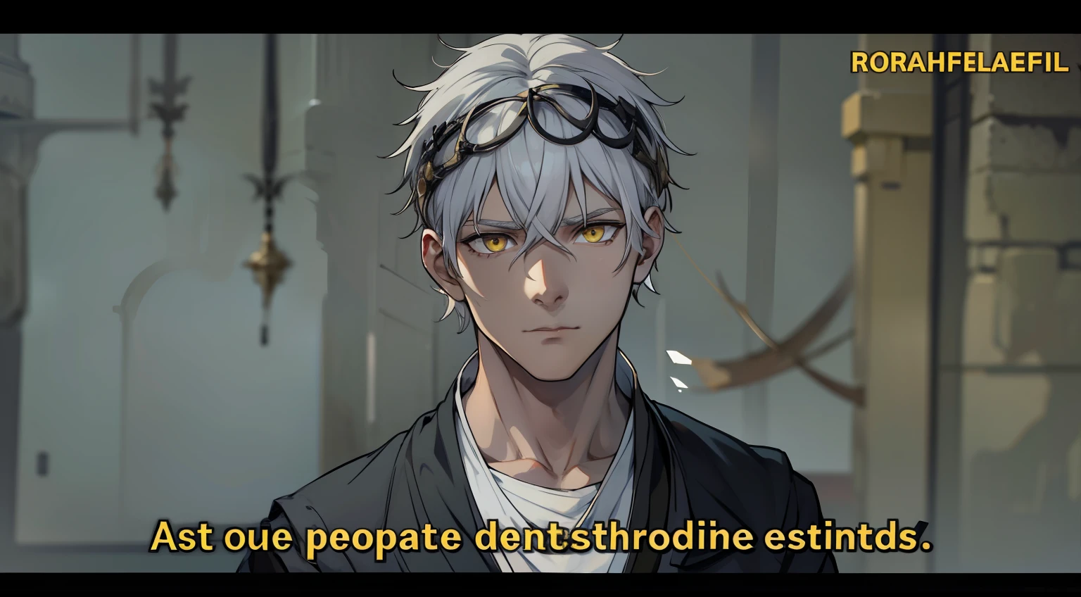 White hair, yellow eyes black tunic he is listening to someone he is serious thoughtful