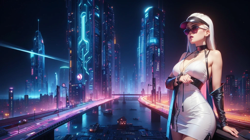 a GIRL with black sunglasses, a balcony of a futuristic building, aerial view of an ultra-futuristic megalopolis, many metal buildings and houses in dark colors from dark blue to black, a cidade tem tons de cinza metal, has smoky metal structures , industrial environment with smoke and fog around, carros escuros nas ruas, desert megalopolis, trilhos e trens modernos de de metal passando estre as ruas da cidade, tall futuristic metal buildings, many ultra modern buildings around, realistic, detailed, Science fiction