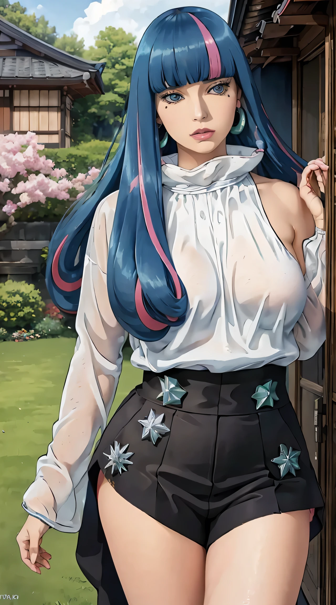 eida, long hair, bangs, blue eyes, very long hair, blue hair, pink hair, multicolored hair, earrings, blunt bangs, two-tone hair, streaked hair, beautiful, beautiful woman, perfect body, perfect breasts, wearing a kimono, showing shoulders, wearing earrings, wearing a watch, being in the garden, cherry trees, traditional Japanese house, looking at the viewer, a slight smile, realism, masterpiece, textured leather, super detailed, high detail, high quality, best quality, 1080p, 16k, showing shoulder, (((perfectly erected medium breast))), standing in seductive pose