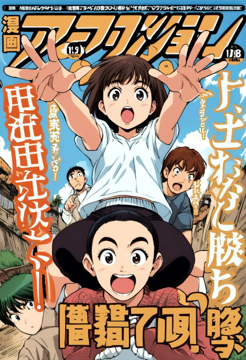 three characters, manga cover, Shonen, jumpping, perspective, two boys and a girl, manga style, Shonen magazine