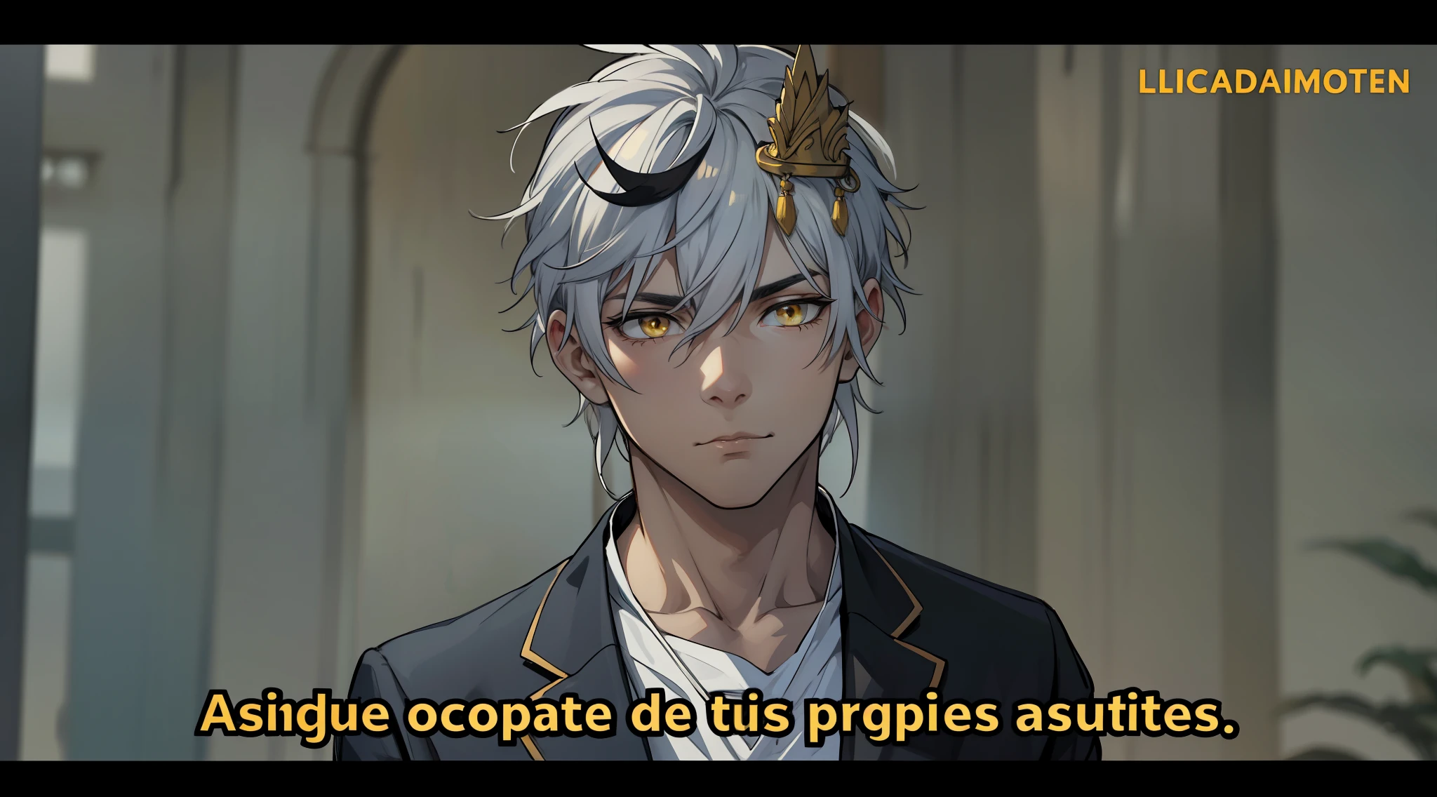 white hair yellow eyes black egyptian tunic he is listening to someone he is serious thoughtful