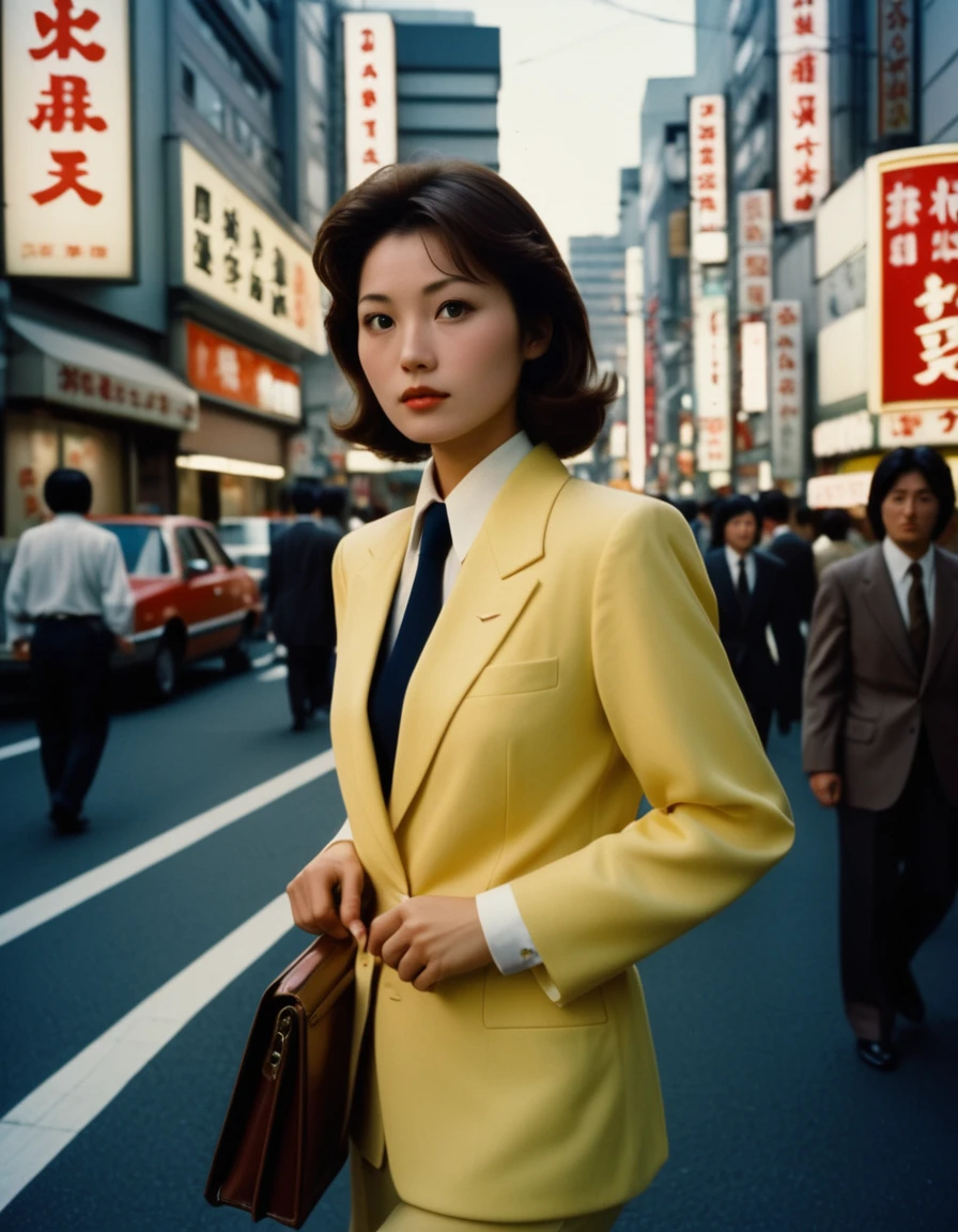 dynamic angle, (close up face), disposable camera photo, In 1980s Tokyo, Japanese office lady walks through a city lined with buildings. Her suit reflects the fashion of the time, characterized by shoulder pads. She carries a large briefcase in her hand, and her high heels echo at her feet. Neon signs shine around her, giving off a retro atmosphere. Her figure symbolizes the vitality and energy of Tokyo in the 1980s.