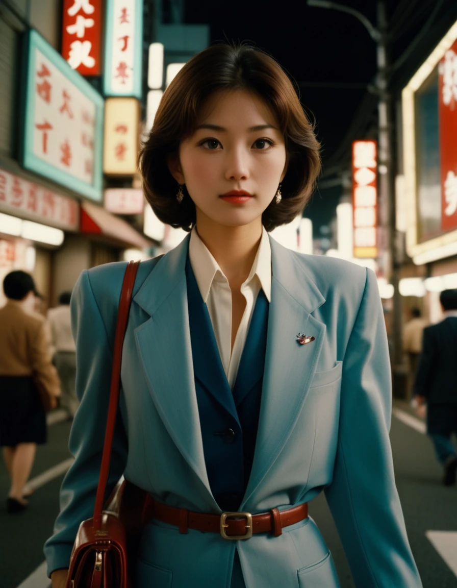 dynamic angle, (close up face), disposable camera photo, In 1980s Tokyo, Japanese office lady walks through a city lined with buildings. Her suit reflects the fashion of the time, characterized by shoulder pads. She carries a large briefcase in her hand, and her high heels echo at her feet. Neon signs shine around her, giving off a retro atmosphere. Her figure symbolizes the vitality and energy of Tokyo in the 1980s.