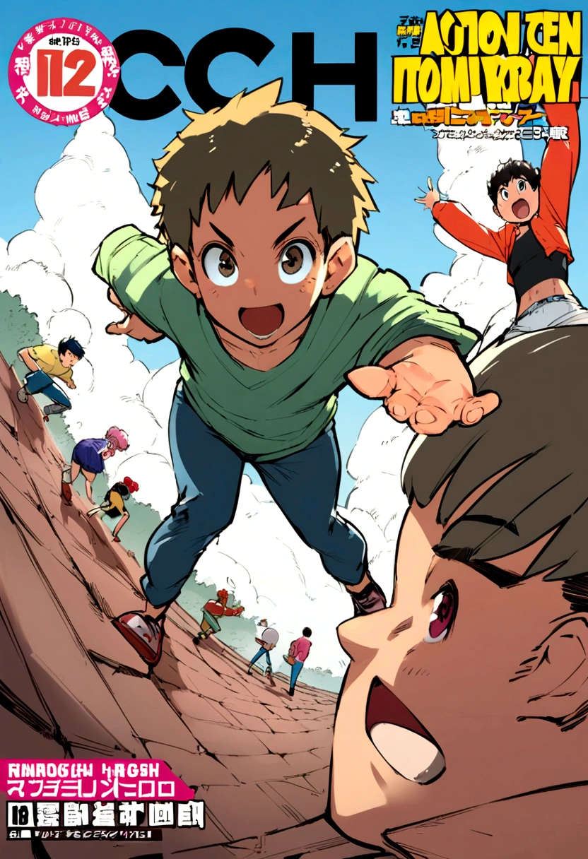 three characters, manga cover, Shonen, perspective, two boys and a girl, manga style, Shonen magazine, action, figth, everybody happy