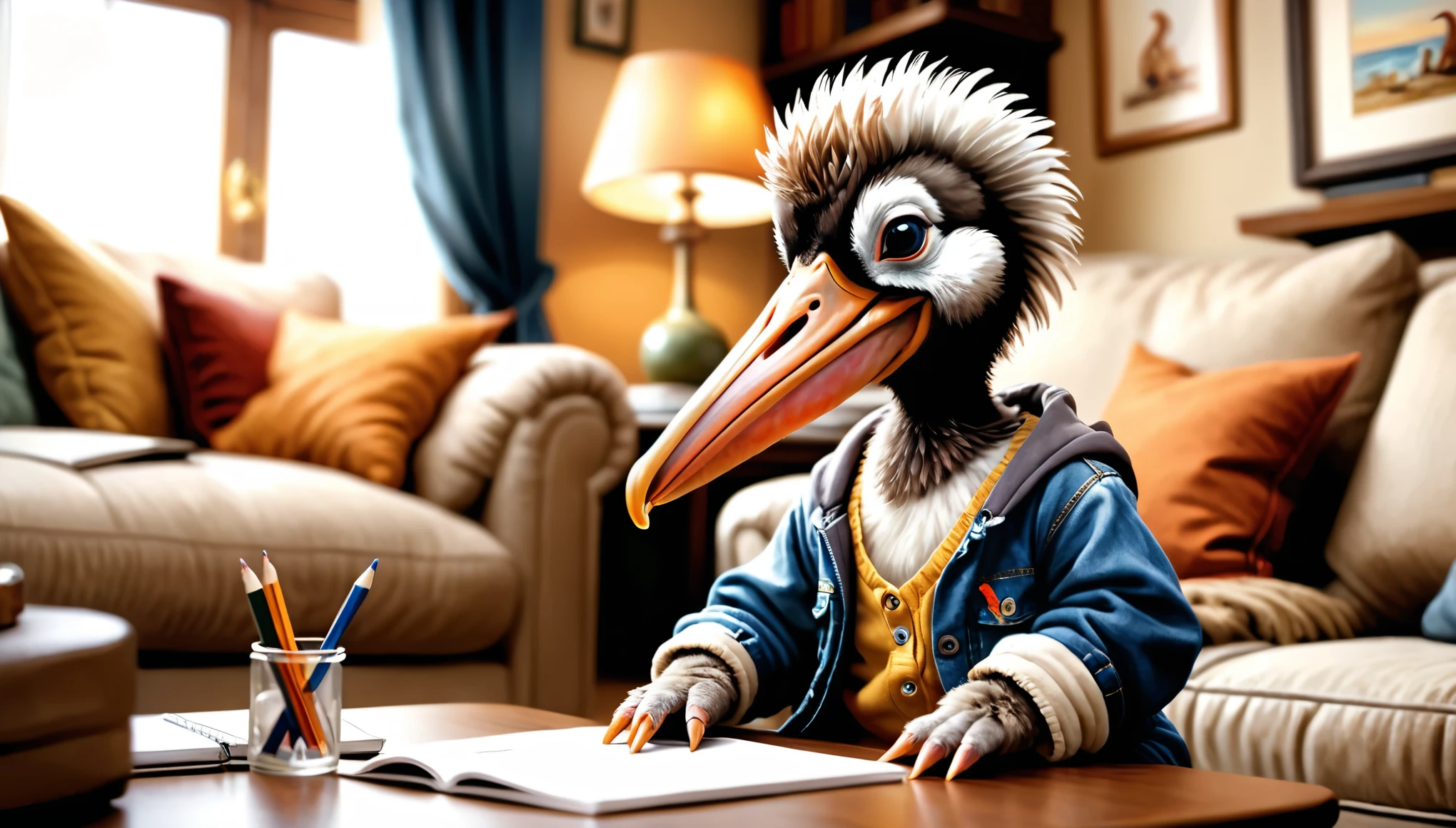 (photo film style), anthropomorphic, cute baby pelican, casual clothes, living room at home, (((studying))), 2D, colorful, warm atmosphere, glossy, Jean-Baptiste Monge style, Alan Lee style