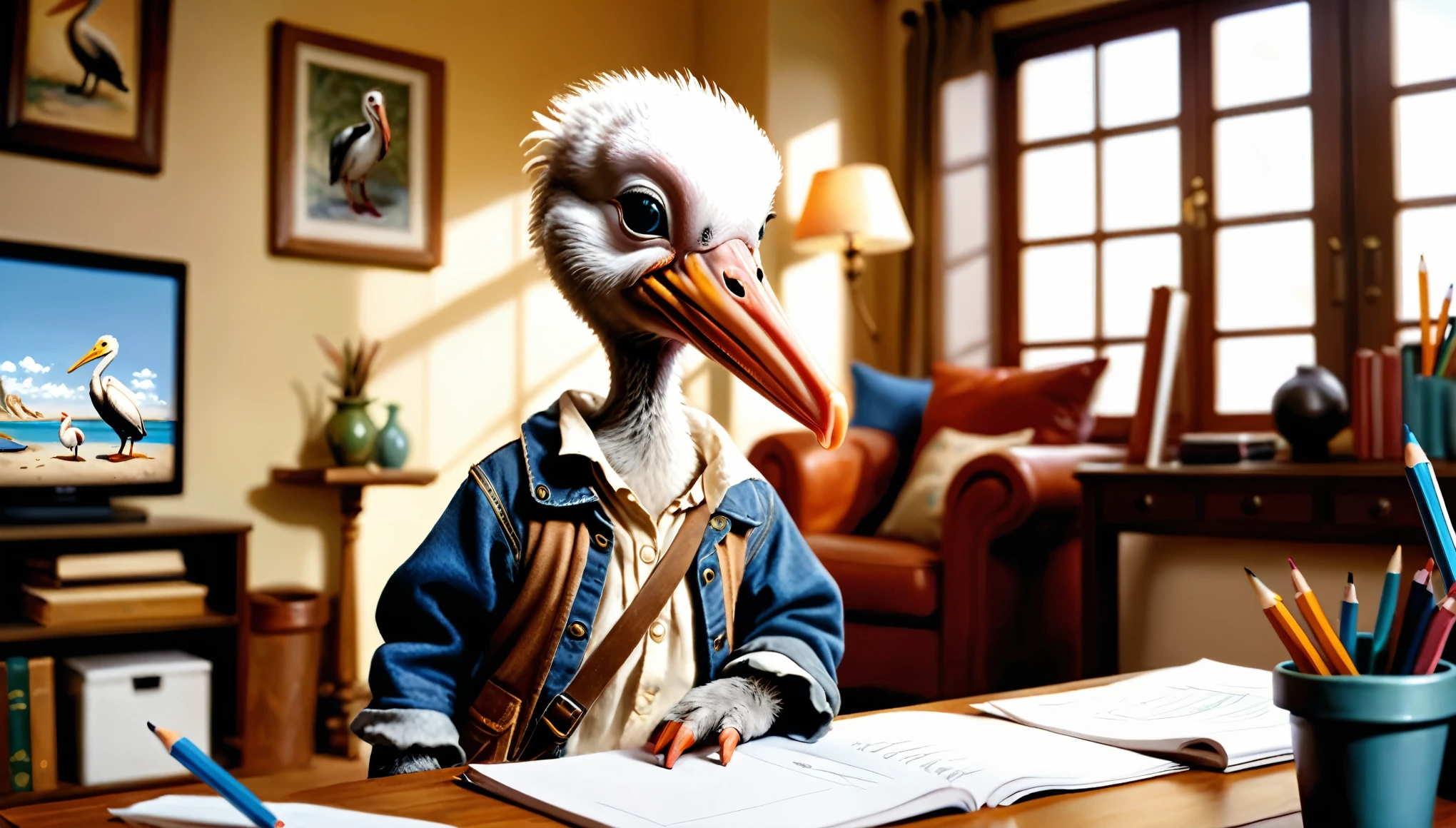 (photo film style), anthropomorphic, cute baby pelican, casual clothes, living room at home, (((studying))), 2D, colorful, warm atmosphere, glossy, Jean-Baptiste Monge style, Alan Lee style