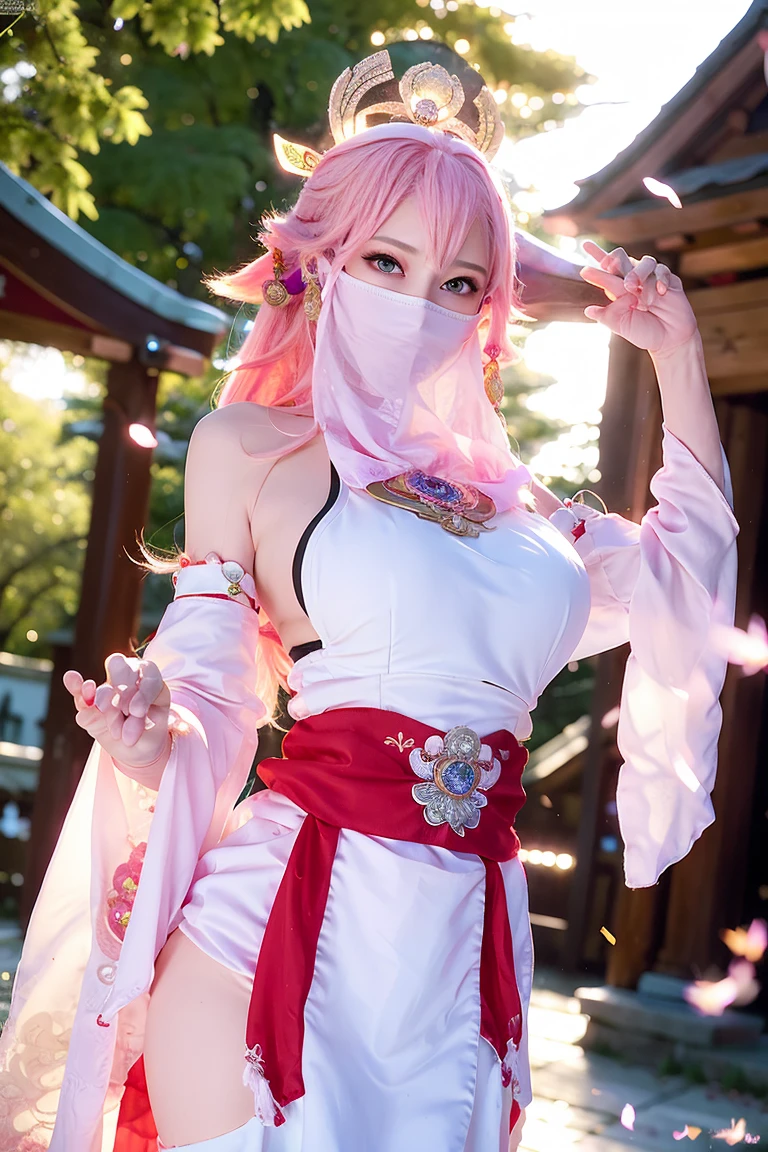 (Extreme Detail CG Unity 8K wallpaper, masterpiece, highest quality), (ulzzang-6500-v1.1:0.4) 1girl, kpop idol, yae miko, detached sleeves, pink hair, long hair, best quality, (photorealistic:1.2), (hair ornament:1.35), jewelry, wearing face veil, (white face veil, silk mask veil:1.2), purple eyes, earrings, (very huge round breasts, big breasts: 1.2), torii, cherry blossoms, lantern light, depth of field, detailed face, face focus, (looking at viewer:1.25), shiny skin, long sleeves, cowboy shot, dynamic pose, (bending forward、sexypose:1.3), game cg, thigh highs, east asian architecture, night day, blurry background, full body, arms behind back, hands behind,