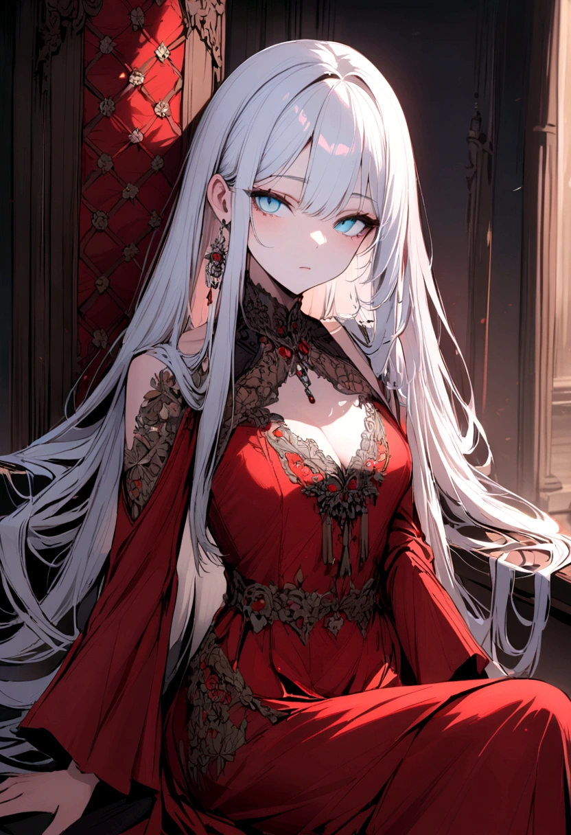 beautiful woman, slanted eyes, light blue eyes, long straight hair, white hair and red highlights, red dress with neckline, sitting, watching the camera.