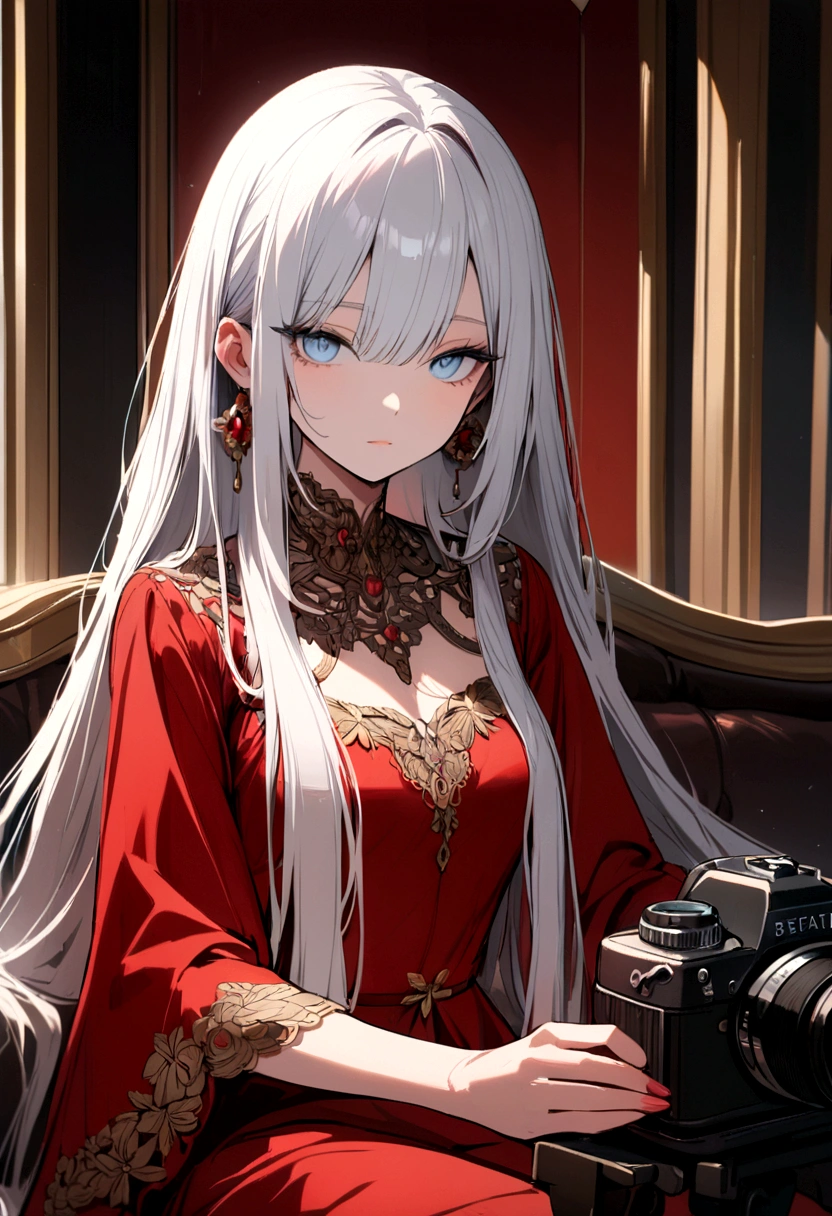 beautiful woman, slanted eyes, light blue eyes, long straight hair, white hair and red highlights, red dress with neckline, sitting, watching the camera.