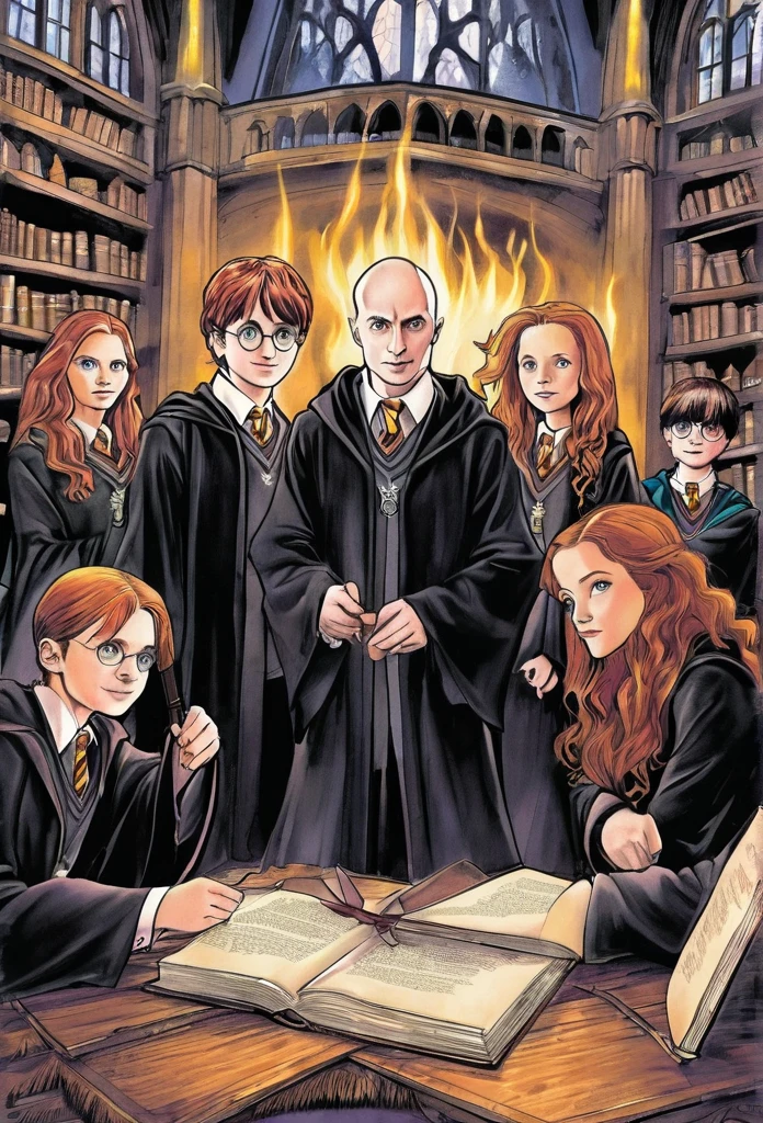 dessin de couverture Harry Potter, en premier plan Harry Potter, Ron Weasley et Hermione Granger en deuxième plan Drago Malefoy, Ginny Weasley, Fred et Georges Weasley et en dernier plan Voldemort