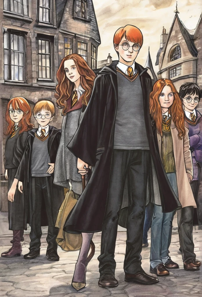 dessin de couverture Harry Potter, en premier plan Harry Potter, Ron Weasley et Hermione Granger en deuxième plan Drago Malefoy, Ginny Weasley, Fred et Georges Weasley et en dernier plan Voldemort