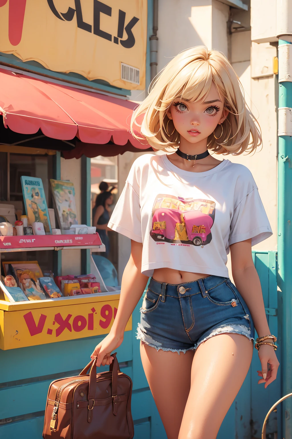 Teenage girl-model 18 years old, beautiful, tanned, blonde, bob hair, bangs, brown eyes, beautiful figure, girl wearing crop shirt and too short mini shorts, beautiful long legs, slave bracelets, slave choker, manicure, cute makeup, sweaty clothes, flirtatiously posing, hot summer, hot flirty, sexy posing, summer outfit, top quality, higest quality, pin-up style, retro 80s style, Daisy Dukes style, Miami vibes,
