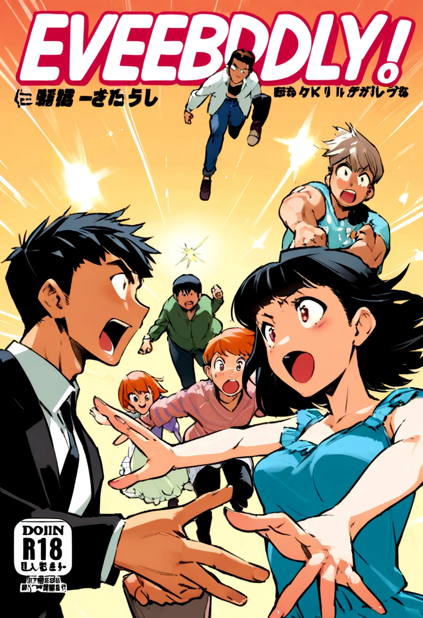 three characters, manga cover, Shonen, two boys and a girl, manga style, Shonen magazine, action, figth, everybody happy