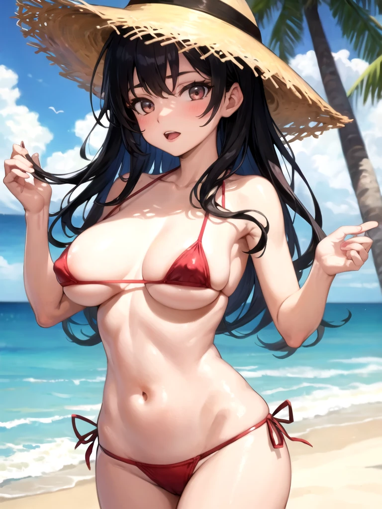 One girl, alone, Highest quality, masterpiece, Beach, Micro Bikini, Nipple slip, Nipples that seem to be visible