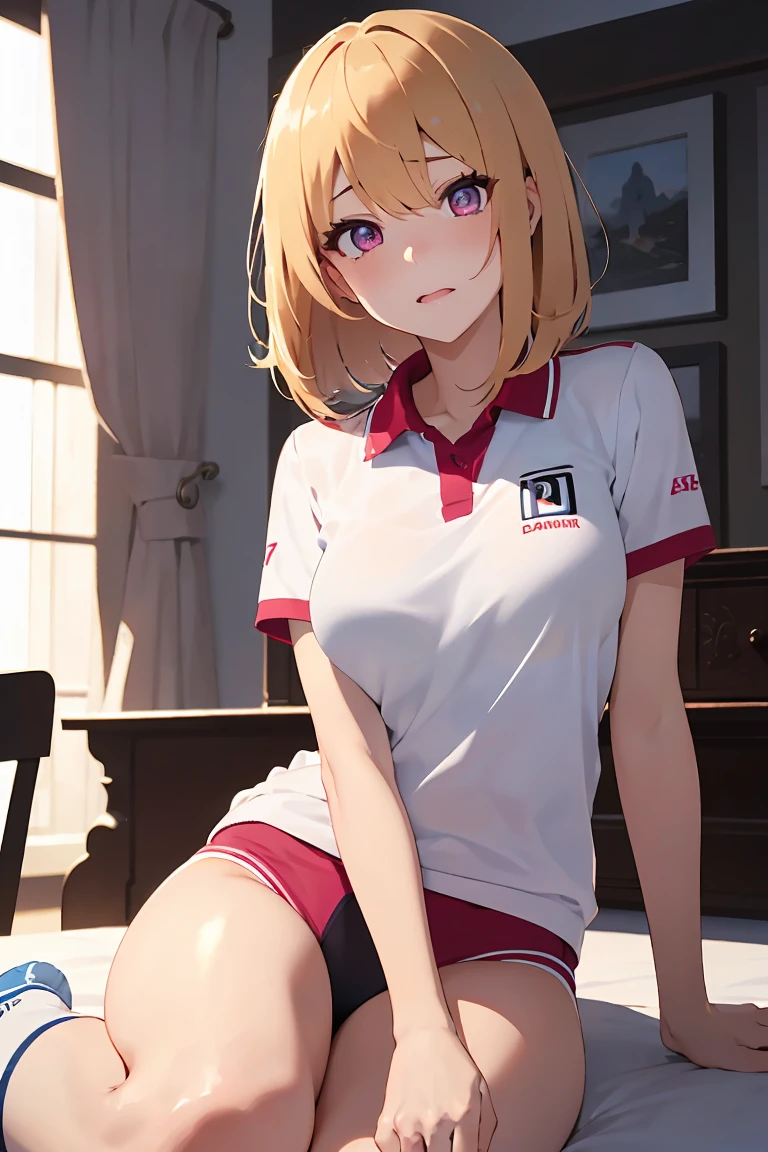 masterpiece, absurdres, best quality, ultra detailed, high Resolution, detailed illustration, bright colour, (extremely beautiful detailed face and eyes, Delicate beautiful face, 1 girl, cute face:1.3), (magenta eyes:1.1), sparkling eyes, big eyes, medium breasts, (perky breasts:1.1), (pointy breasts:1.1), medium hips, glamorous body, white skin, BREAK, long bob cut, (blonde hair:0.8), messy hair, detailed hair, shiny hair, BREAK (undressed, badminton uniform, Panties:1.3), perfect lighting, (embarrassed:1.3), (ecstasy, vulgarity:1.5), (trembling:0.8), gym, 
