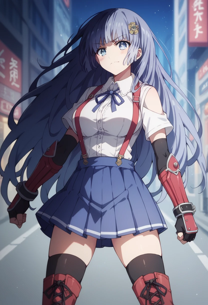 Score_9, Score_8_up, Score_7_up, anime_font, mikuizayoi, miku izayoi, bangs, blunt bangs, hime cut, hair ornament, long hair, blue eyes, blue hair, alone, looking at viewer, blushing, big breasts, suspenders, pleated miniskirt , black thigh-high stockings, arm guards, elbow-length gloves, fingerless gloves, red boots, big breasts, cuffs, fighting stance, looking at viewer, frown, smile, city street, night