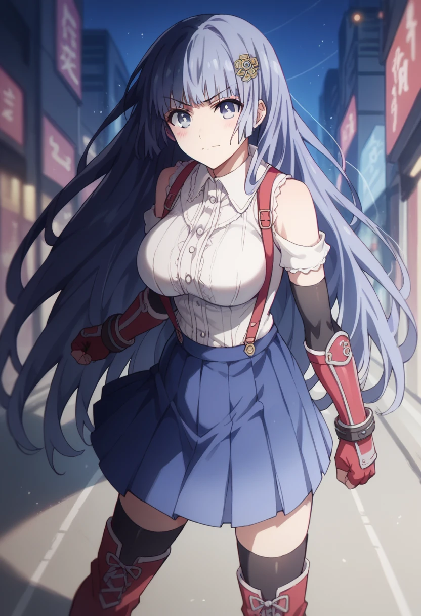 Score_9, Score_8_up, Score_7_up, anime_font, mikuizayoi, miku izayoi, bangs, blunt bangs, hime cut, hair ornament, long hair, blue eyes, blue hair, alone, looking at viewer, blushing, big breasts, suspenders, pleated miniskirt , black thigh-high stockings, arm guards, elbow-length gloves, fingerless gloves, red boots, big breasts, cuffs, fighting stance, looking at viewer, frown, smile, city street, night