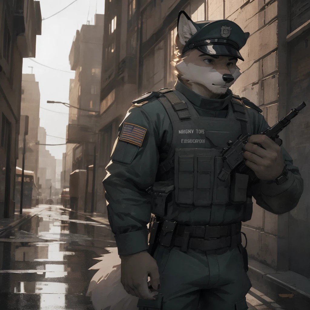 Male, males, fox, arctic fox, white fur, short hair, 20 years old, Armed police, military armor, military police, city streets, heavy rain, rain, water drops, dramatic effect, dramatic light, shadow, shade, higlight, high quality, high details, High detailed image, high quality image, Very detailed shadows, high detail shadows, high details 
