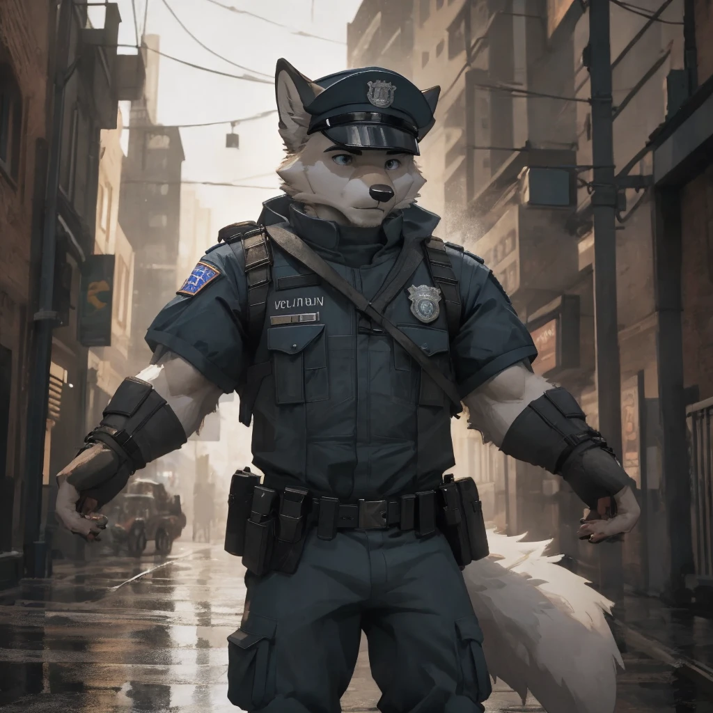 Male, males, fox, arctic fox, white fur, short hair, 20 years old, Armed police, military armor, military police, city streets, heavy rain, rain, water drops, dramatic effect, dramatic light, shadow, shade, higlight, high quality, high details, High detailed image, high quality image, Very detailed shadows, high detail shadows, high details 