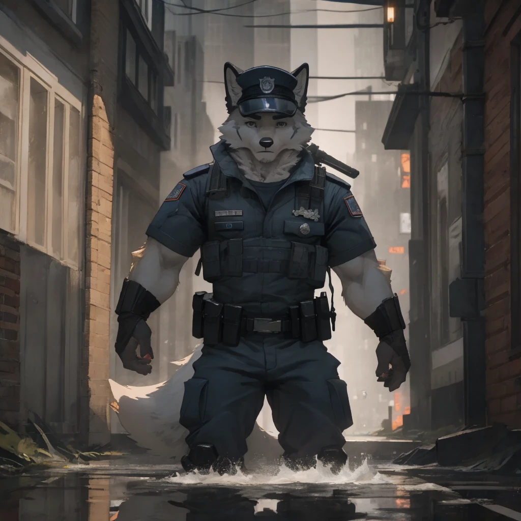 Male, males, fox, arctic fox, white fur, short hair, 20 years old, Armed police, military armor, military police, city streets, heavy rain, rain, water drops, dramatic effect, dramatic light, shadow, shade, higlight, high quality, high details, High detailed image, high quality image, Very detailed shadows, high detail shadows, high details 