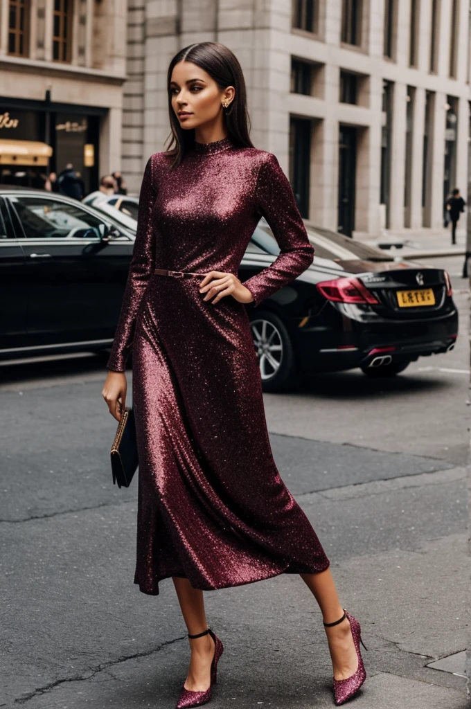 With a long elegant wine-colored dress with long sleeves with glitter, black shoes, she is wearing a model's ribbon on top of the suit that says the name of SPAIN, white, walking down a luxury catwalk, the walls are pink with silver details, in the background there is a crown 30K gold color