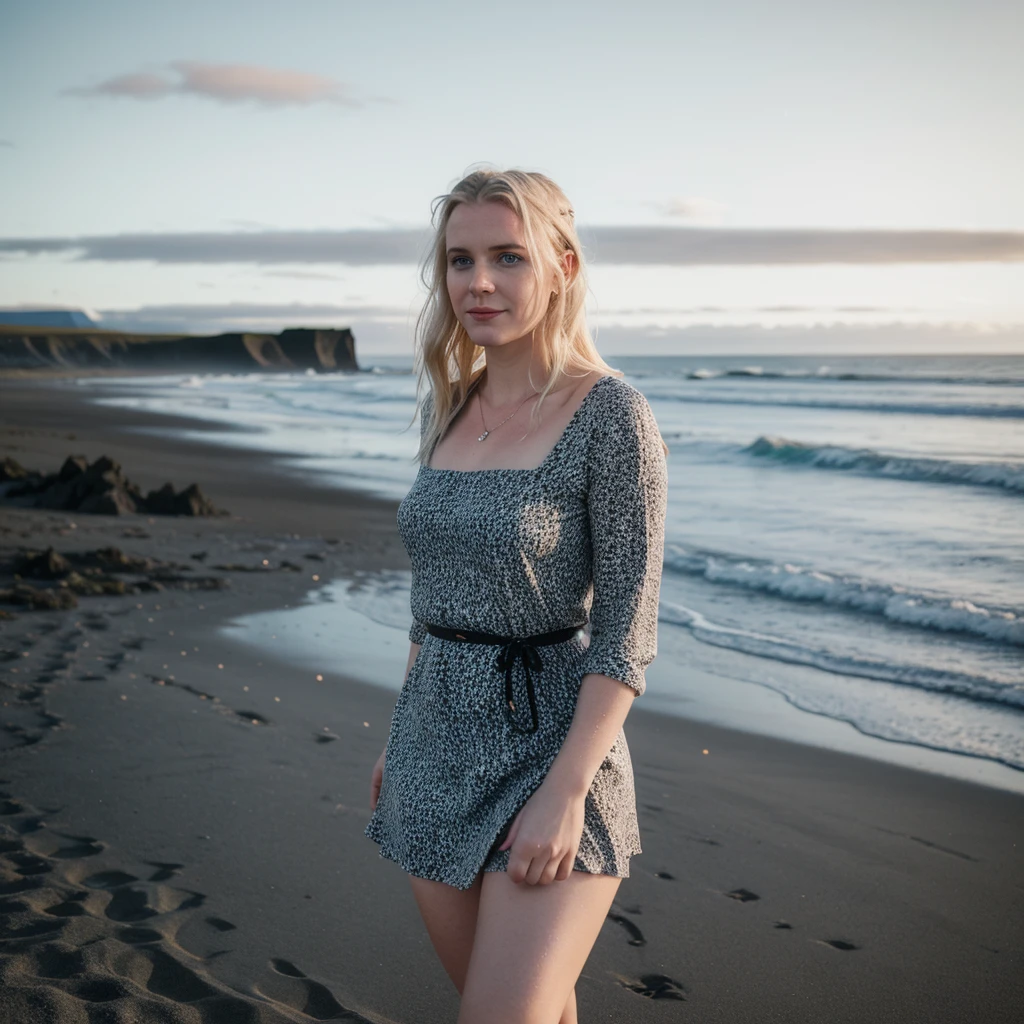 A beautiful cinematic picture of a typical icelandic 25 year old woman walking on the beach, high quality, 1 woman solo, attractive face, wearing a figure hugging top