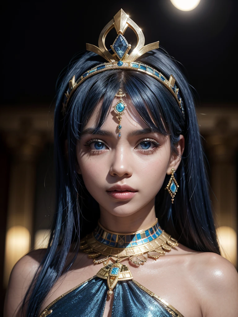 A woman with dark skin, Blue eyes, bright like diamonds and short, golden hair that goes down to the neck., wears an Egyptian princess outfit with blue jewelry