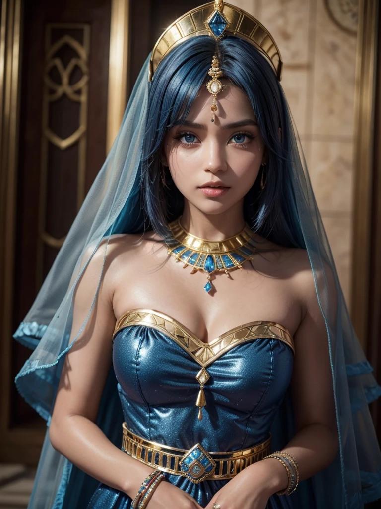 A woman with dark skin, Blue eyes, bright like diamonds and short, golden hair that goes down to the neck., wears an Egyptian princess outfit with blue jewelry