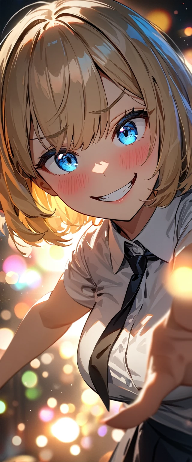 (((One girl))), blond hair, bob cut, (cowboy shot), (looking at viewer), face in focus, breasts, teenager, head tilt:1.3, (((blue eye))), ((evil smile)), ((blush)), school summer uniform, white shirts, ((black tie)), black skirt, dynamic pose, cleavage, anime style, (best quality, 4k, 8k, highres, masterpiece:1.2, ultra-detailed, ultra-detailed eyes, HDR, UHD, studio lighting, ultra-fine painting, sharp focus, physically-based rendering, extreme detail description, professional, vivid colors, bokeh)
