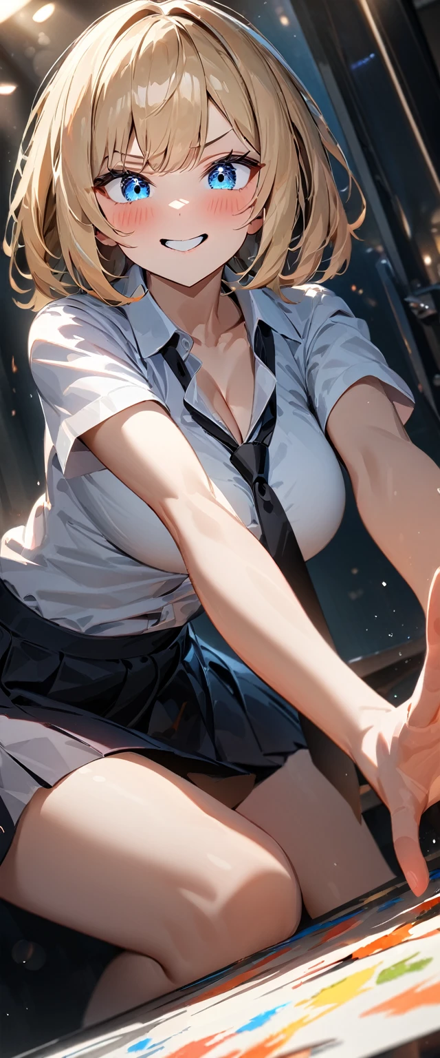 (((One girl))), blond hair, bob cut, (cowboy shot), (looking at viewer), face in focus, breasts, teenager, head tilt:1.3, (((blue eye))), ((evil smile)), ((blush)), school summer uniform, white shirts, ((black tie)), black skirt, dynamic pose, cleavage, anime style, (best quality, 4k, 8k, highres, masterpiece:1.2, ultra-detailed, ultra-detailed eyes, HDR, UHD, studio lighting, ultra-fine painting, sharp focus, physically-based rendering, extreme detail description, professional, vivid colors, bokeh)