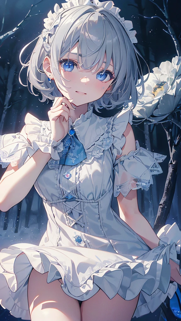 Idol、masterpiece、best quality、Beautiful facial expressions、absurd、nffsw、(cowboy shot、White ruffled lace mini dress、white collar、white ruffle cuff、particle:1.5)、(flower、shining:1.4)、(laugh)、(short gray hair、blue eyes:1.7)、sharp focus、photoreal、high resolution、most detailed、very detailed、detailed face and eyes、sharp eyes、real student、sharp focus、 shining 피부、black corset、(Dark Forest、moon、dark background:1.5)、rim lights、dynamic, cinematic lighting、(((lift one&#39;s skirt:1.3)))、(((I see white pants)))、