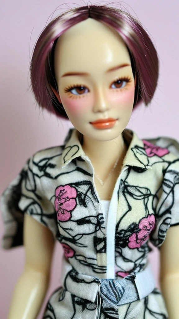 Old Japanese woman, Barbie doll, 70 years old, ugly, wrinkled, dirty, fat, dirty hair