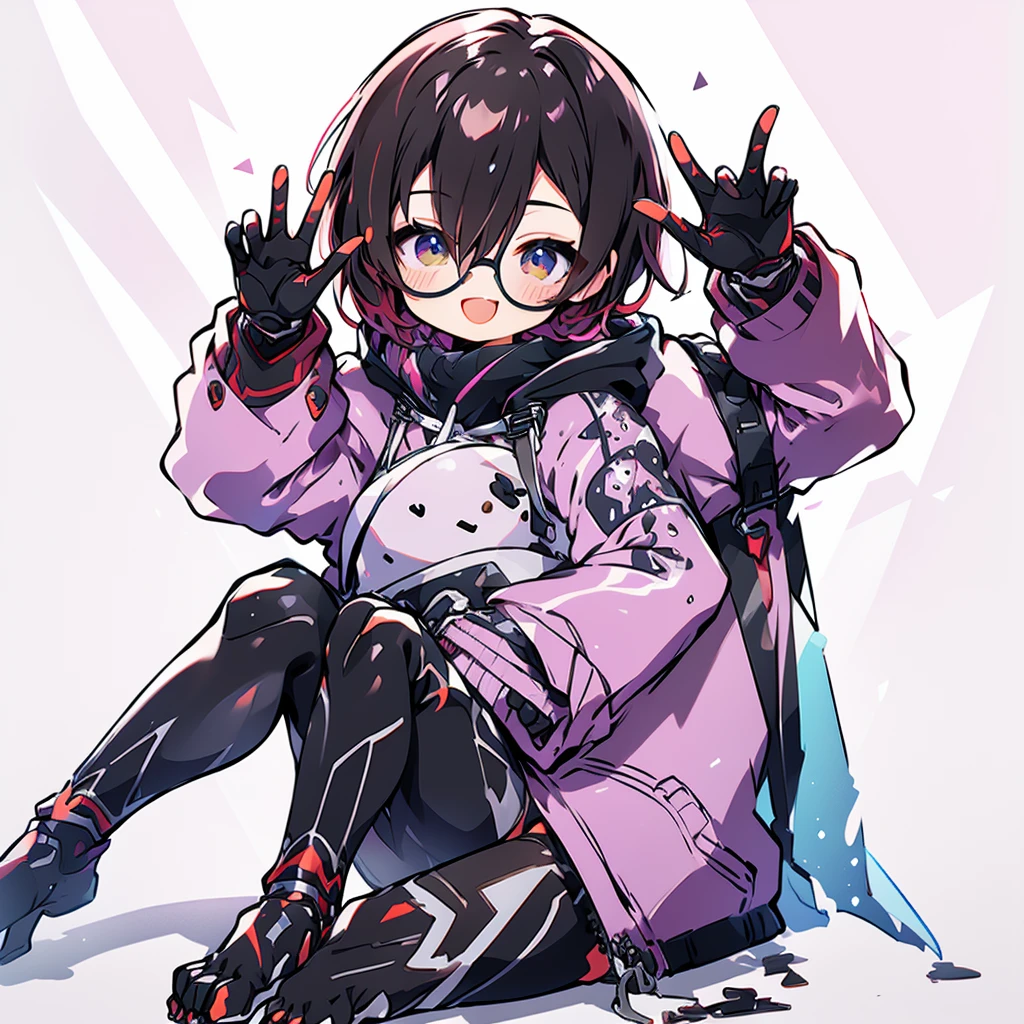 masterpiece, best quality, highres, aaroboco, android, short hair, hair between eyes, gradient hair, glasses, mechanical arms, mechanical legs, hood, hood down, pink hoodie, long sleeves, gloves, waving, sitting, smile, open mouth, library, desk