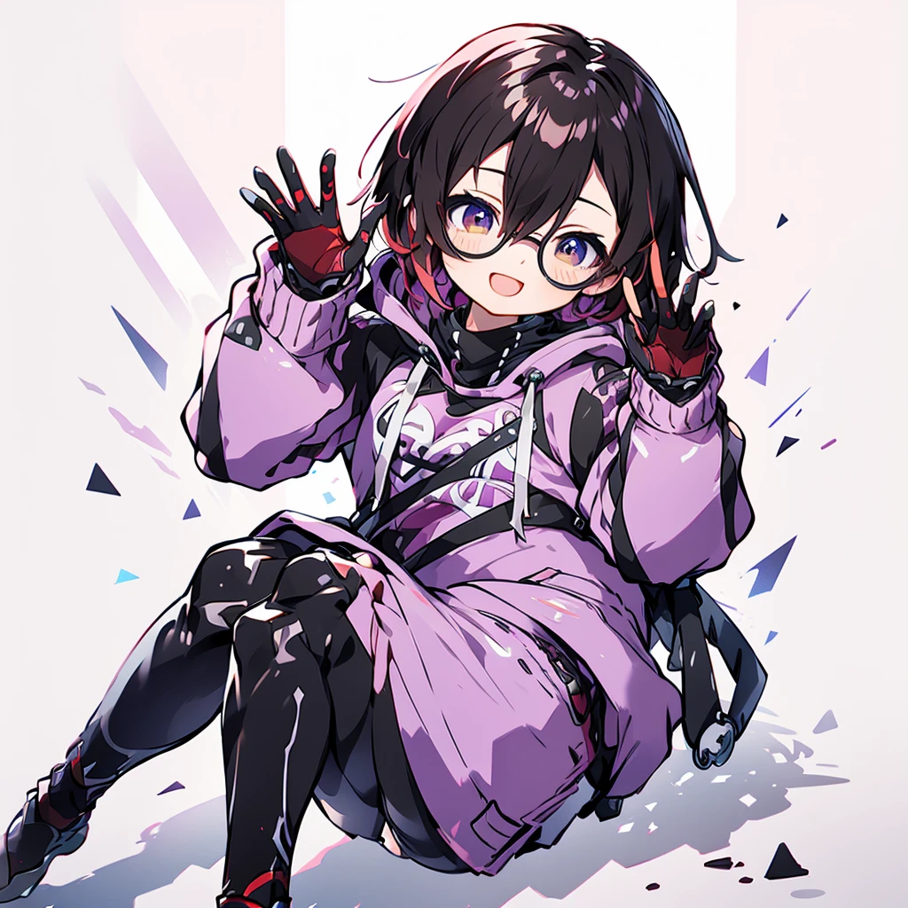 masterpiece, best quality, highres, aaroboco, android, short hair, hair between eyes, gradient hair, glasses, mechanical arms, mechanical legs, hood, hood down, pink hoodie, long sleeves, gloves, waving, sitting, smile, open mouth, library, desk