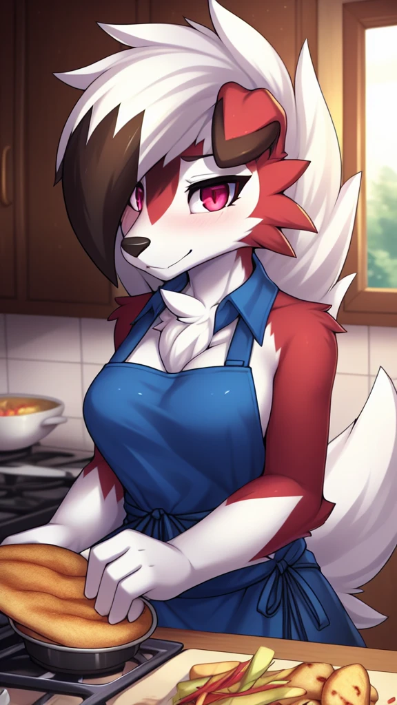 By zinfyu,by twistedscarlet60, uploaded on pixiv, by fluff-kevlar, (masterpiece), (best quality), (solo female:1.2), (extremely detailed:1.3),(detailed eye,black circle on eye,pink eye), lycanroc midnight, view on viewer, close view, shy face, half body on potrait, only body and head, close view, wearing cooking apron,in kitchen, serving food, (tail:1.1), closeup photo of lycanroc, adult body posture