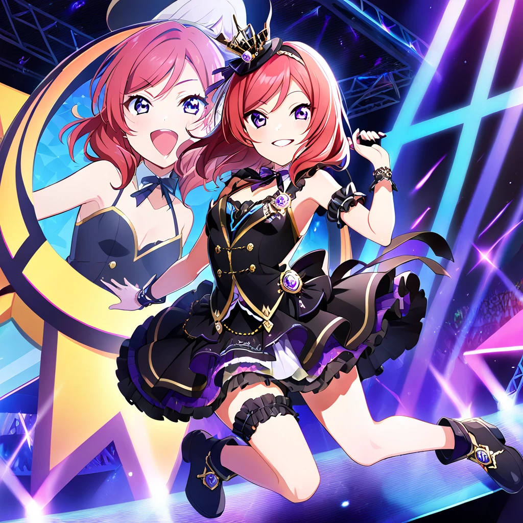 1girl, nishikino maki, purple eyes,Full body drawing, live stage, small Breasts, Formal dress, smile, solo ,id_maki_nishikino,charactor forcus