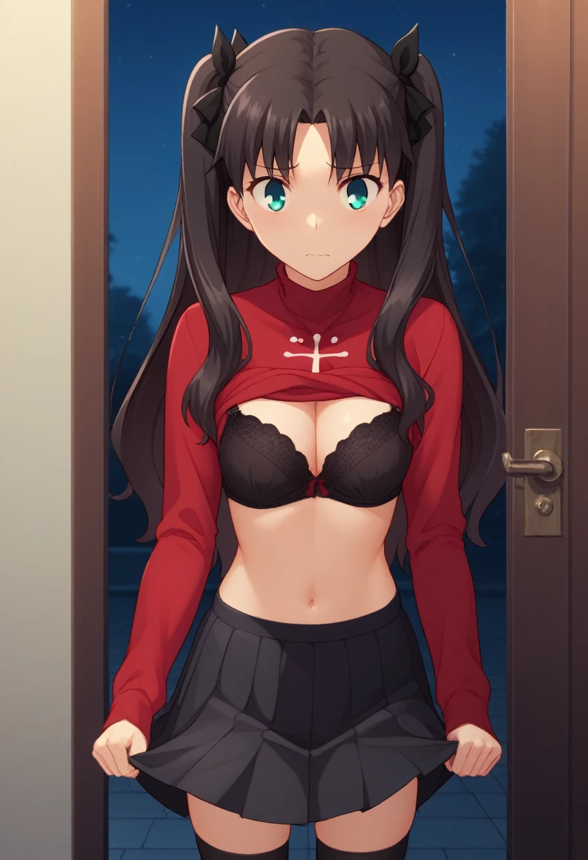 score_9, score_8_up, score_7_up, source_anime,1girl, , cute, beautiful,young, Standing on a doorstep, in front of the door of a victorian mansion, at night, nervous, nsfw, , hi-res, 8k, rin tohsaka, {aqua eyes, black hair, hair ribbon, long hair, ribbon, sidelocks, two side up, parted bangs,, black skirt, black thighhighs, long sleeves, miniskirt, pleated skirt, red sweater, skirt, sweater, thighhighs, turtleneck, lift shirt, navel, black bra, cleavage, from bellow, navel