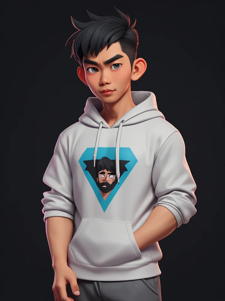 A Handsome indonesian Man wearing a Graphic Hoodie, Facing the camera, Cartoon style, 8k. Dark gray background