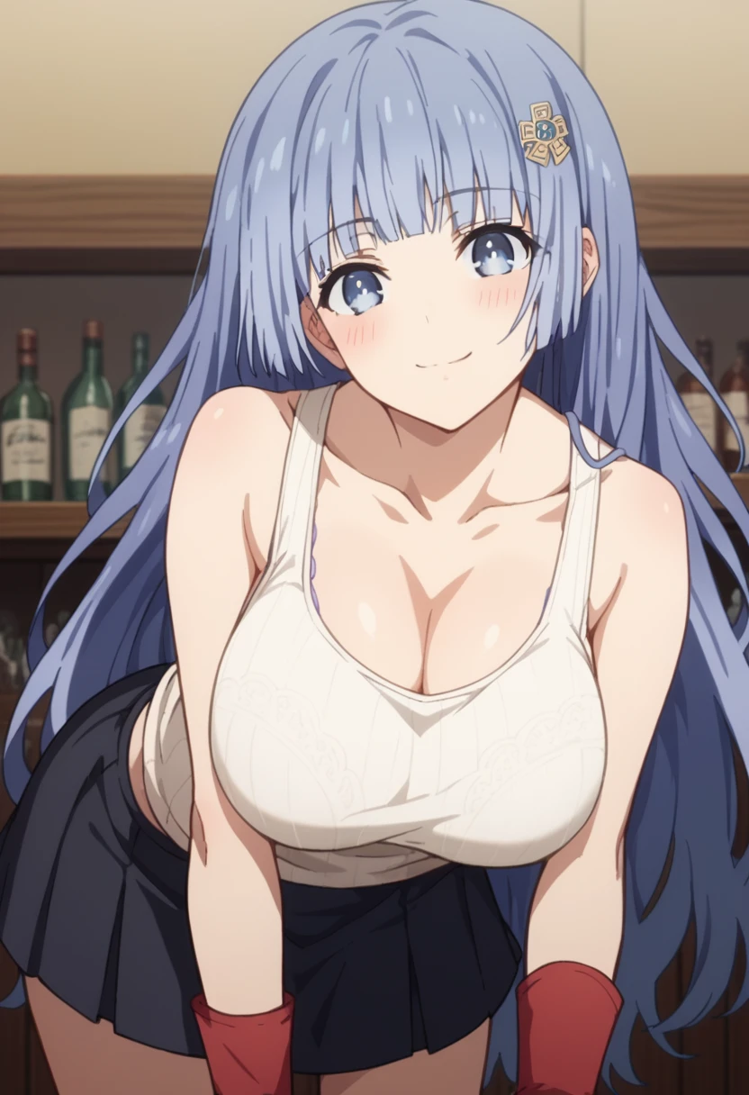 Score_9, Score_8_up, Score_7_up, anime_font, mikuizayoi, miku izayoi, bangs, blunt bangs, hime cut, hair ornament, long hair, blue eyes, blue hair, alone, looking at viewer, blushing, big breasts, looking at viewer, blush, seductive smile, white tank top, black skirt, suspender skirt, abdomen, black thighs, red gloves, bra, bent over, head tilt, bar counter,