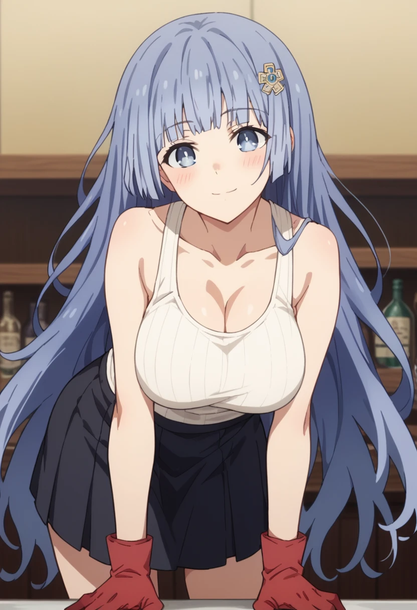 Score_9, Score_8_up, Score_7_up, anime_font, mikuizayoi, miku izayoi, bangs, blunt bangs, hime cut, hair ornament, long hair, blue eyes, blue hair, alone, looking at viewer, blushing, big breasts, looking at viewer, blush, seductive smile, white tank top, black skirt, suspender skirt, abdomen, black thighs, red gloves, bra, bent over, head tilt, bar counter,