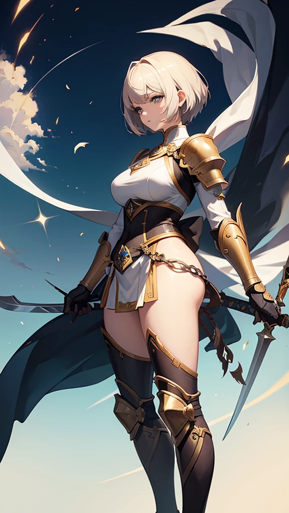 (masterpiece, 4K ,Super detailed:1.2), (anime:1), Dynamic posture, Strong women, Female Swordsman, short hair, armor, tall, Full body side view, View Viewer, Pure white background