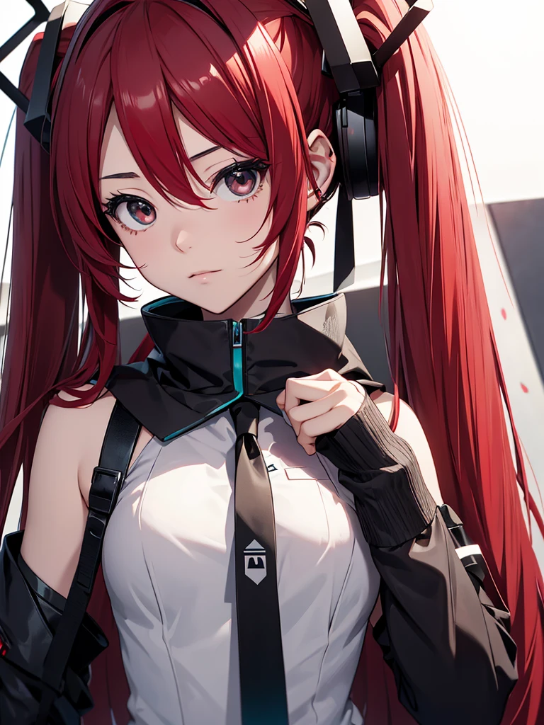 hatsune miku, black eyes, red hair