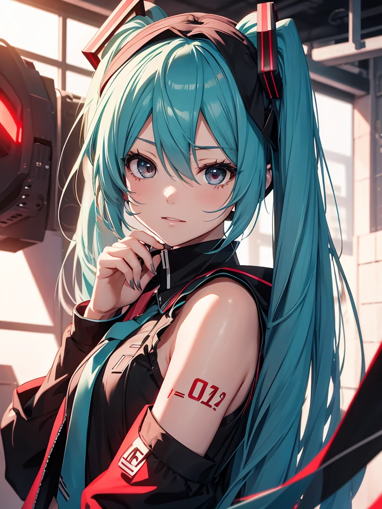 hatsune miku, black eyes, red hair