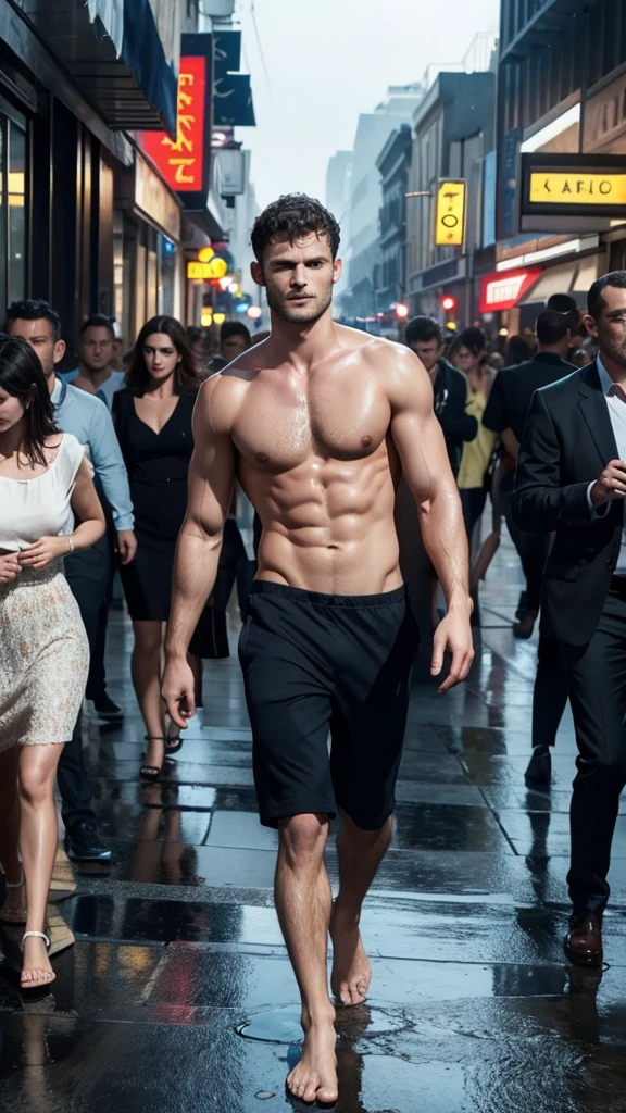 Hot and wet body of jamie dornan walk on the crowd street, shietless, oily body, hyper realistic, Vogue magazine cover, extra color light, spotlight